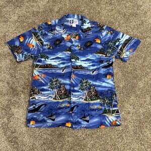 Styled BY RJC Hawaiian Shirt Men L Surf, Fish, Wales, Ocean 100% Cotton Blue